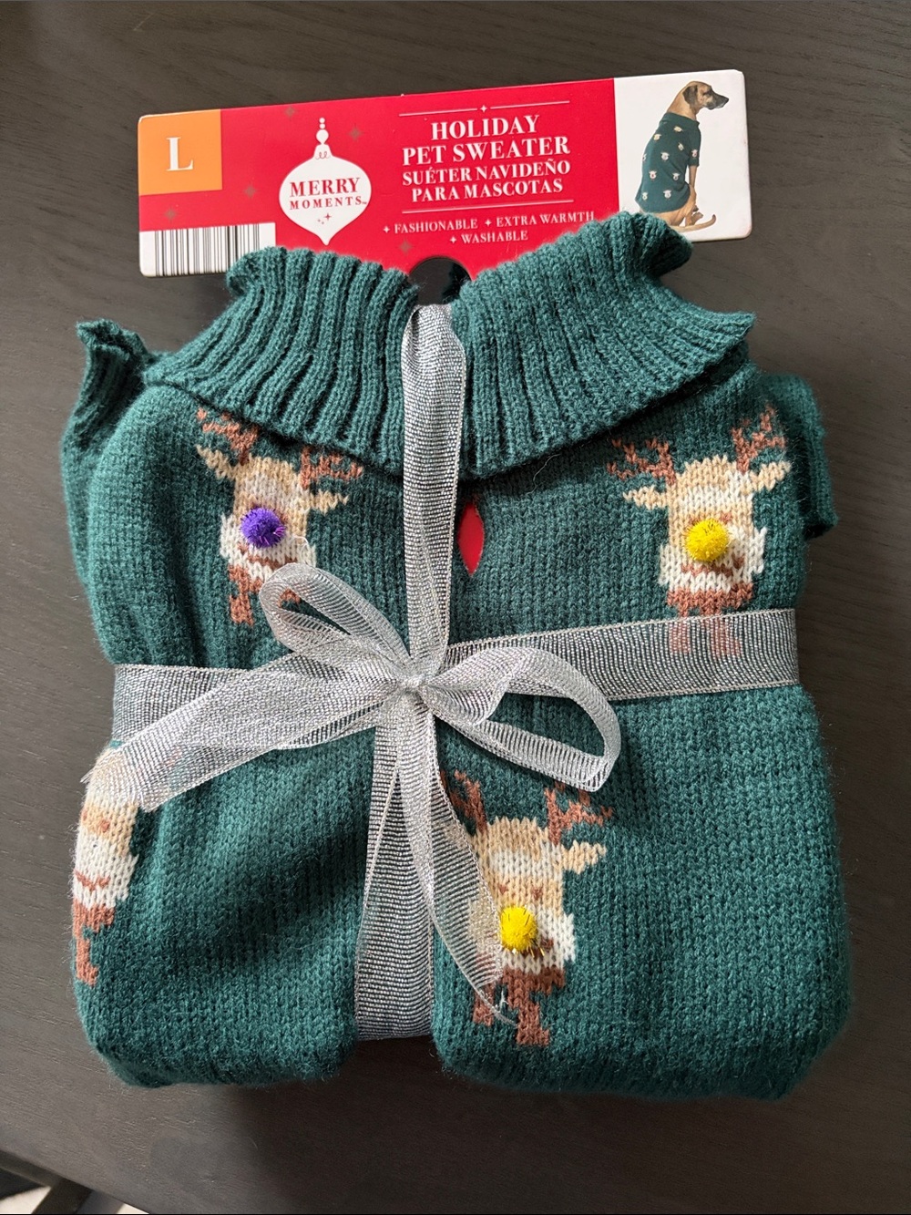 Green Holiday Dog Sweater with Reindeer Pom Accents